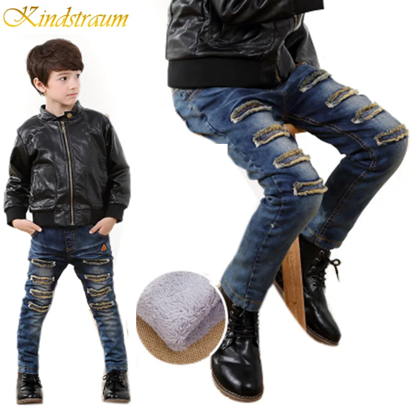 

Kindstraum New Kids Winter Patch Jeans 4 Styles Boys Cotton Denim Trousers Child Brand Fashion Thick Fleece Thermal Pants, MC236