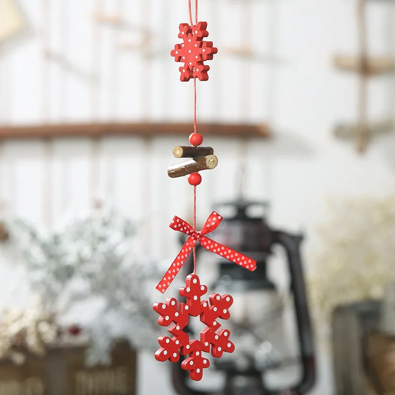 red dot snowflake Рождественские украшения для дома Дерево длинная струна Снежинка Ангел Кулон украшения вырезанные из дерева Noel новогодние подарки Navidad - Цвет: red dot snowflake