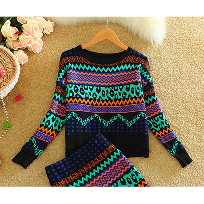 Женский облегающий костюм в этническом стиле Осень зима 2019 вязаный свитер с