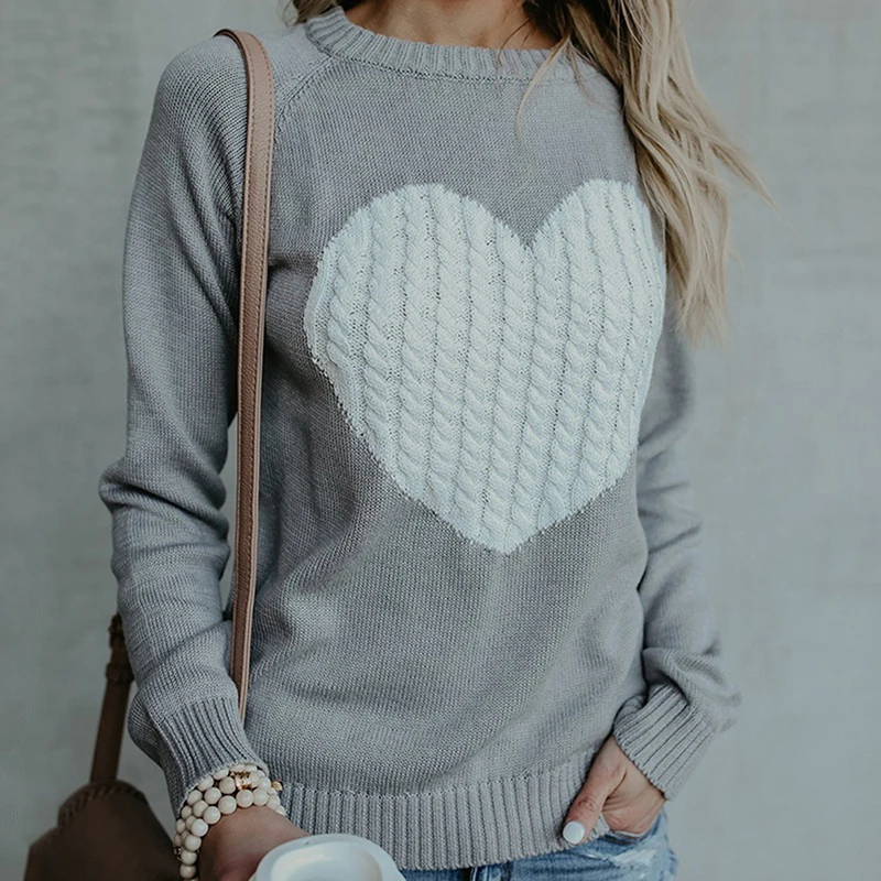 Autumn Winter Women O-neck Knitted Sweaters Heart Cute Long Sleeve Pullover Knitting Sweater Casual Patchwork Pullovers | Женская одежда