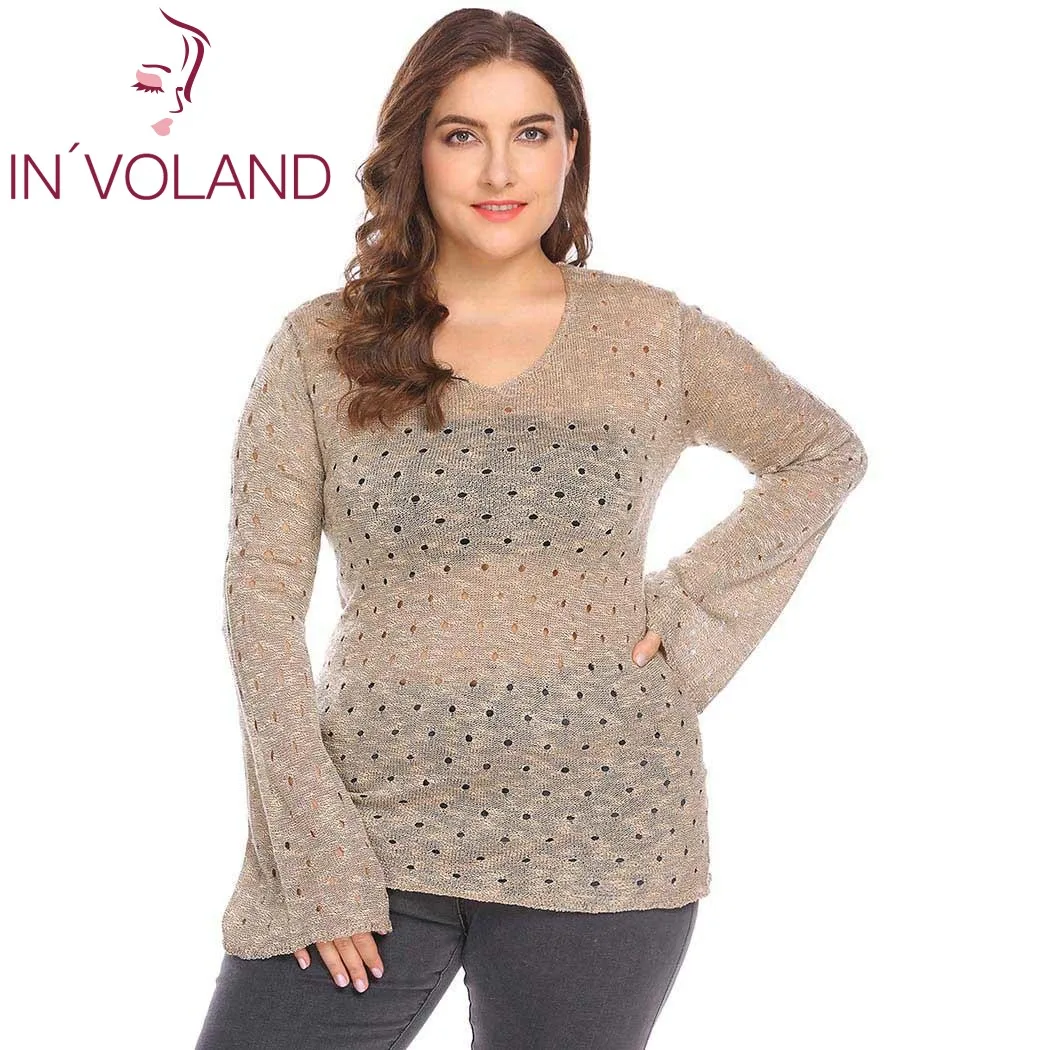 IN'VOLAND Women Sweater Tops Large Size 5XL Casual Autumn Spring Flare Sleeve Slim Hole Hollow Out Thin Female Pullover Sweaters | Женская
