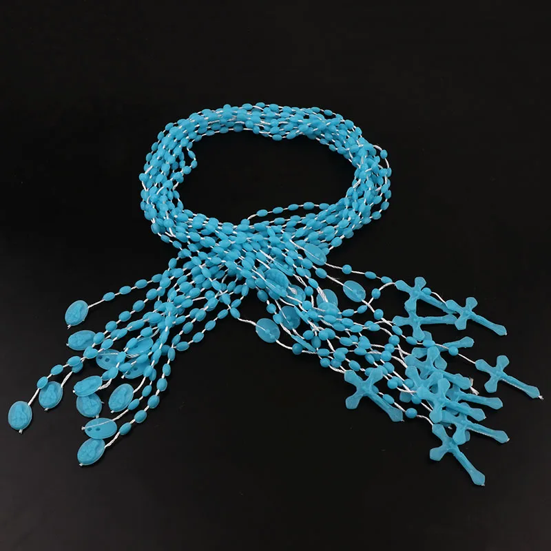 BLUE 12PCS Заводские разноцветные четки низкие в темноте пластмассовые четки молельные светящиеся фосфоресцирующие ожерелье католицистские молитвенные Религиозные ювелирные изделия - Окраска металла: BLUE 12PCS