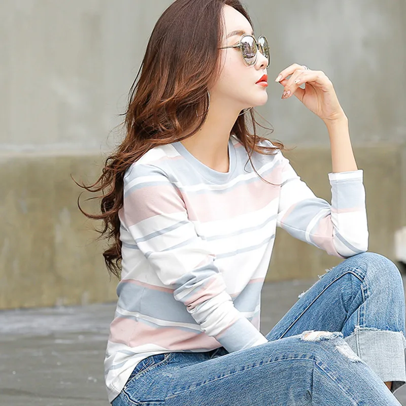 Женская хлопковая футболка с длинным рукавом в полоску|camiseta brand|camiseta fashioncamiseta f |