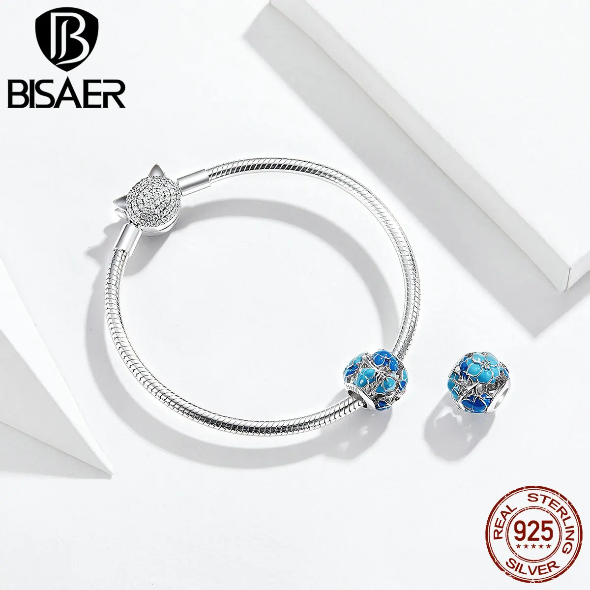 Бусины в виде цветка BISAER, 925 пробы, серебристые, синие, эмалированные Цветы орхидеи, талисманы, подходят для оригинального браслета, самодельные ювелирные изделия EFC087