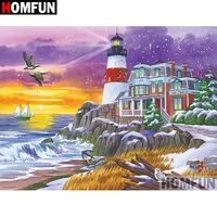 homfun 5d diy diamond painting full squareround drill ocean lighthouse embroidery cross stitch gift home decor gift a09110