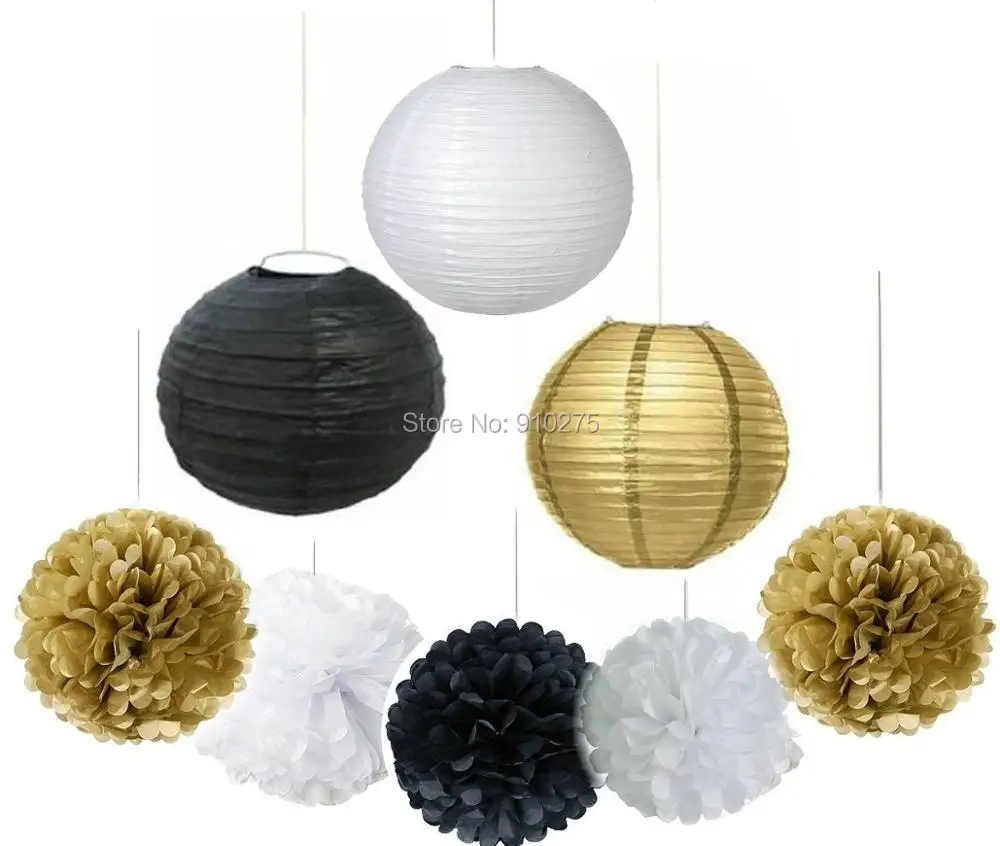 Набор из 9 золотых черных и белых декоративных бумажных фонарей шарики помпоны