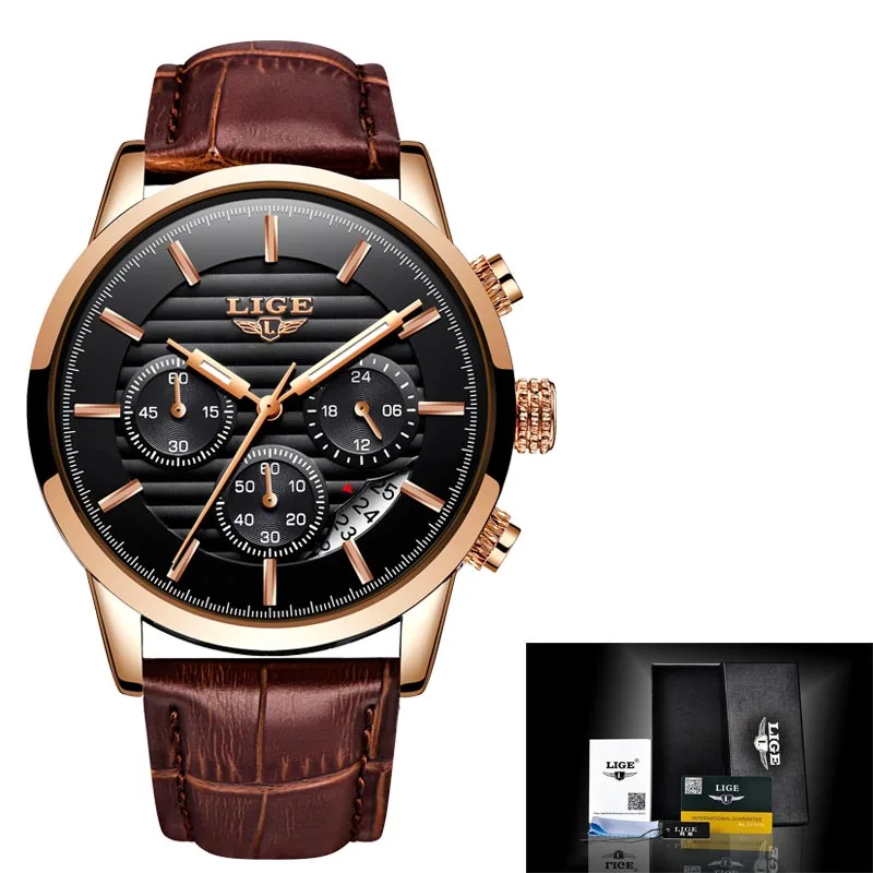 Rose gold black Новые роскошные брендовые LIGE мужские спортивные часы мужские кварцевые часы мужские военные кожаные Наручные часы Relogio Masculino+ подарок - Цвет: Rose gold black