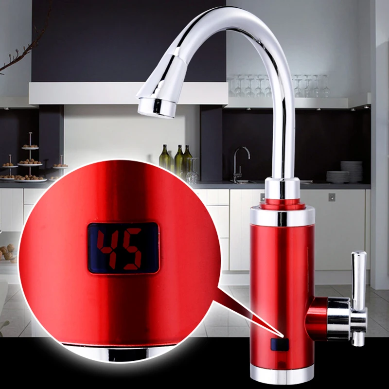 

GWAI Tankless Instant Electric Hot Water Heater Kitchen Faucet Instantaneous Water Heating Tap With LED Light Gold Red White