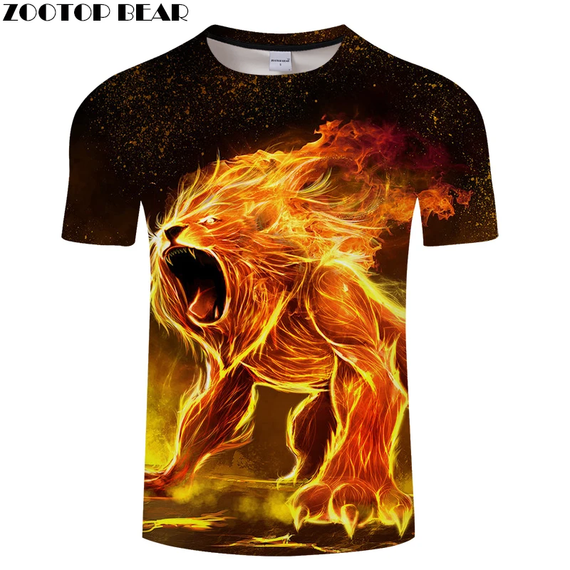 Fire Lion 3D Футболка мужская футболка Harajuku Повседневная с принтом Топ коротким