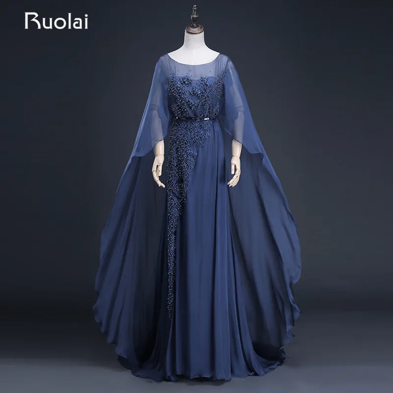 Женское шифоновое вечернее платье А силуэта с длинным рукавом и бусинами длинное