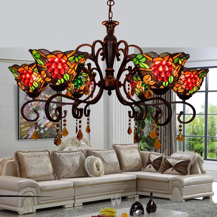 

European retro Pastoral grape lamp living room master bedroom room dining room chandelier Tiffany 8 heads crystal lights e27