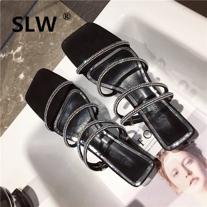 Slippers Heels Ladies Flip Flops Slides Woman Shoes Luxury Flock Square heel High Flip-flops Sliders Summer Designer Crystal