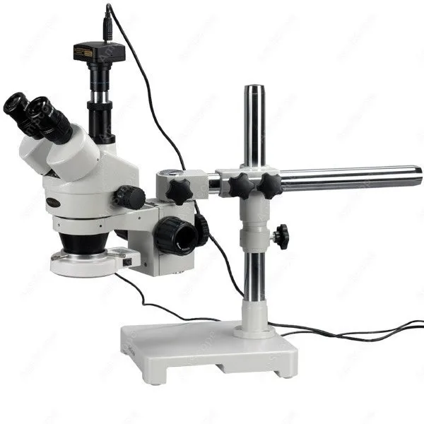 

LED Boom Stand Microscope--AmScope Supplies 7X-45X Trinocular LED Boom Stand Stereo Zoom Microscope + 1.3MP Digital Camera