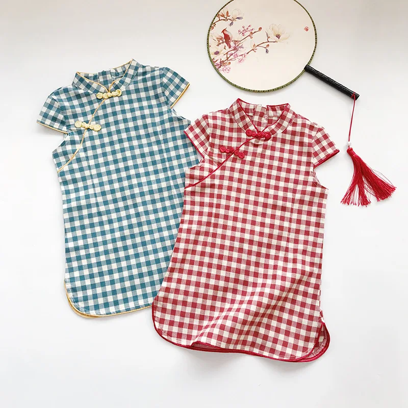 Чонсам из хлопка и льна с коротким рукавом для девочек qipao размеры от 2 до 8 лет|red