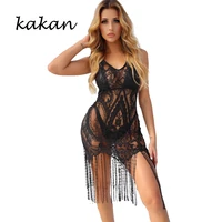 kakan new womens sexy perspective lace v neck dress long tassel beach dress white black dress