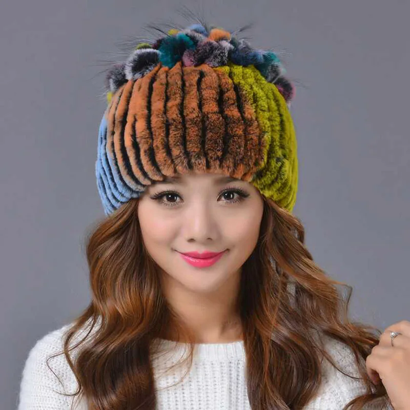 

2019 new pure natural rabbit fur woven elastic mesh hat ladies fashion hot fox fur rabbit fur winter warm rabbit fur hat
