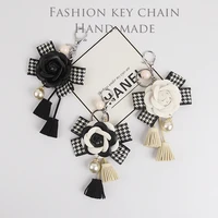 brand leather camellia flower keychain keyring for women leather flower bag charm suede tassel key chain gold car keyrings