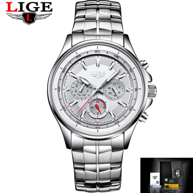 silver white steel Топ бренд класса люкс LIGE часы для мужчин Бизнес водонепроницаемые часы для мужчин s часы Модные Повседневные Спортивные кварцевые наручные часы Relogio Masculino - Цвет: silver white steel