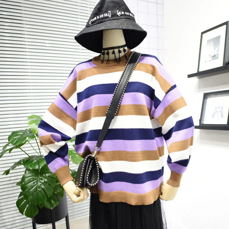Autumn Women Knitted Sweater Rainbow Stripe Loose Outerwear Long Batwing Sleeve Pullover Knitwear Female Casual Tops One Size | Женская