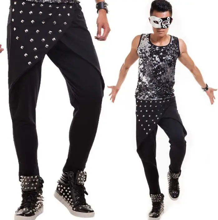 Мужские штаны с заклепками для сцены шаровары певицы танцев рок pantalon homme street