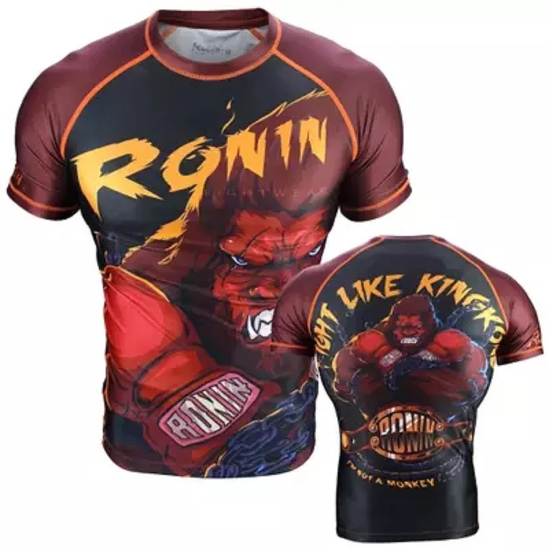 Новые мужские трико для занятий фитнесом и бегом с коротким рукавом MMA Rash guard, топы Muay Thai, дышащие, не скатываются, быстросохнущие, спортивные майки