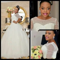 charming a line scoop neckline pearls wedding dresses tulle long half sleeves african bridal gowns 2021