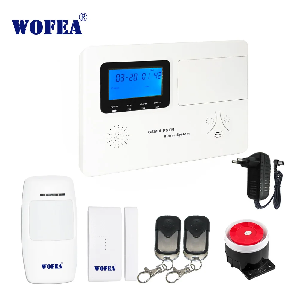 Wofea домашней безопасности PSTN+ GSM сигнализация с 99 беспроводной зоны, 4 проводной зоны ISO и android APP ЖК-дисплей голосовые подсказки