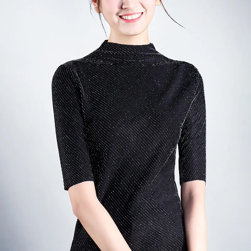 2019 New Women's Tshirt Black O Neck Collar Bottoming Shirt Bright Silk Half Sleeve T-shirt Female Fashion Tops Clothing | Женская