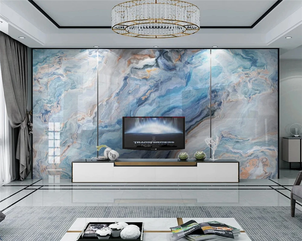 Пользовательские экологические 3D стерео современный синий пейзаж мрамора papel де