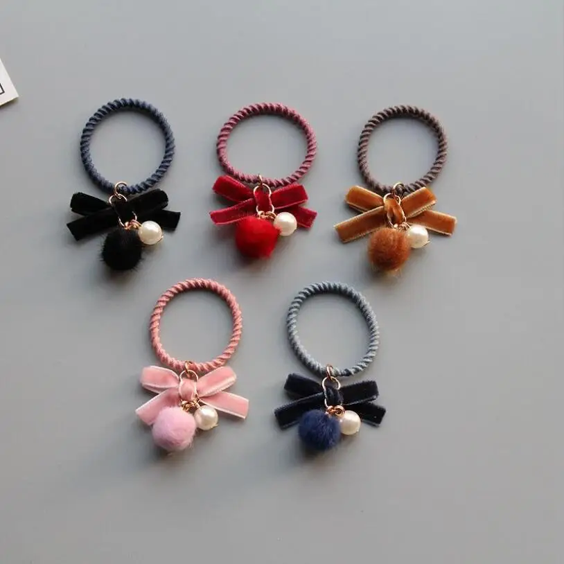 5pcs/lot Baby Girl Kids Hair Accessories Velvet Bow Faux Pearl Ball Elastic Tie Rope Band | Детская одежда и обувь