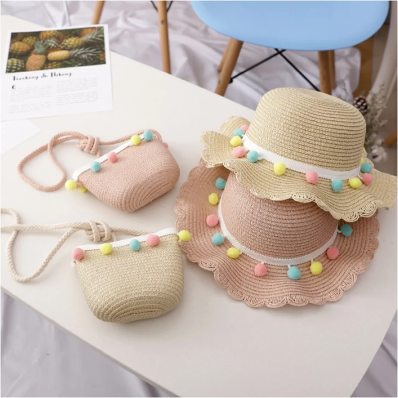 

Fashion Girls Cute Flower Straw Hats Baby girl Wide Brim Sun Hats Casual Shade Cap Summer Kids Beach Hat (Hat + Satchel Two Sets