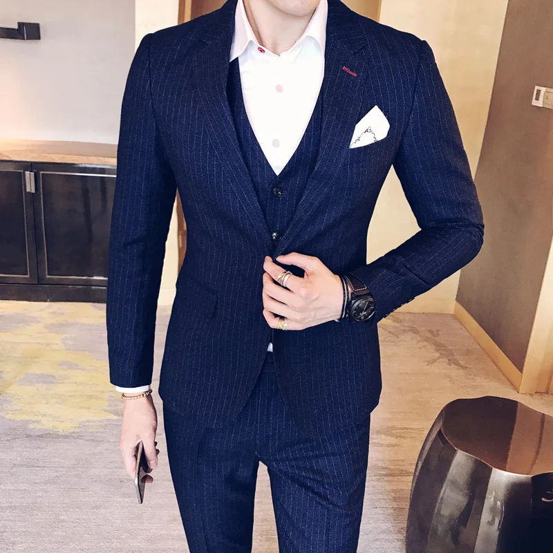 

Men's Slim Fit Striped Suit Blazer Jacket Tux Vest & Trousers 3-Piece Suit Set Groom Wedding Suits for Men Costard Homme