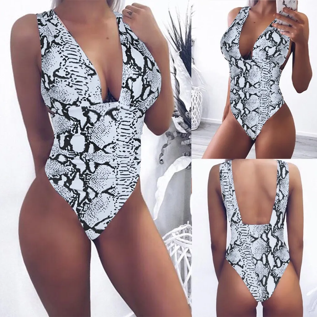Женское сексуальное бикини с высокой талией и принтом змеи Цельный купальник пуш