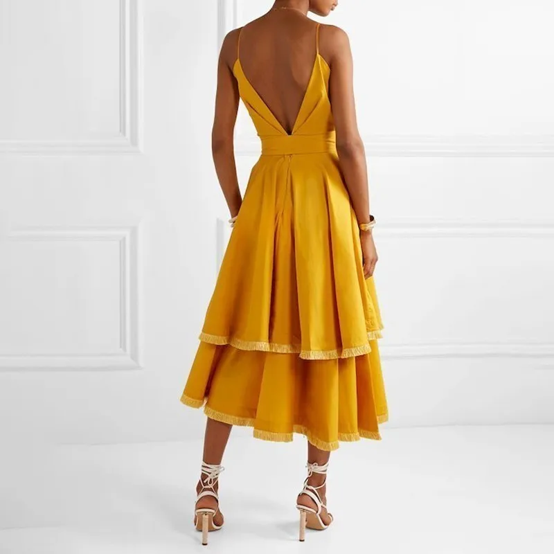 CHICEVER Summer Vintage Patchwork Tassel Dress For Women V Neck Spaghetti Strap High Waist Asymmetrical Ruffles The Dresses New | Женская