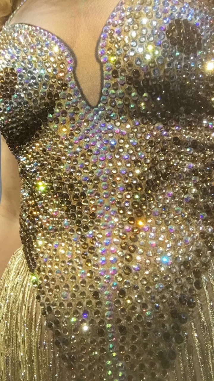 Sparkly Gold Rhinestone Tassel Sexy Bodysuit Bling Crystals Leotard Women's Celebrate Female Singer Stage Wear One Piece Costume
