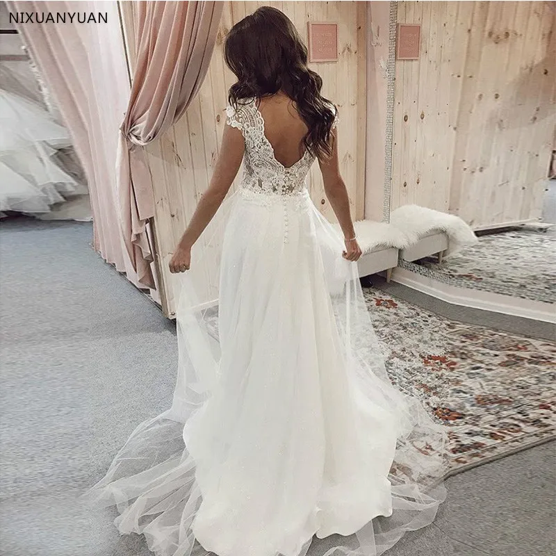 Простое свадебное платье в стиле бохо с V-образным вырезом а-силуэт Кружевная