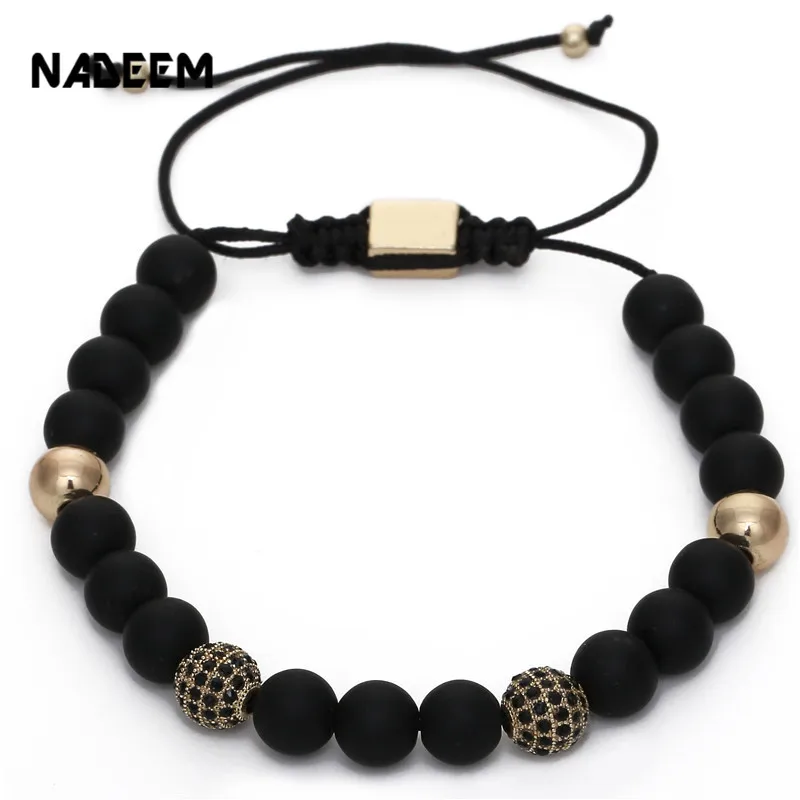Мужской браслет на запястье NADEEM черный с подвесками из меди и фианита Плетеный