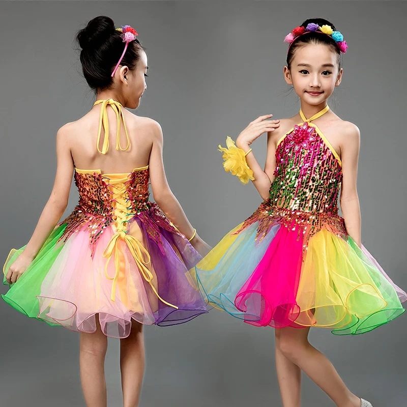 

The new performance costumes children colorful dance sequins dress skirt performance princess skirt TB7068