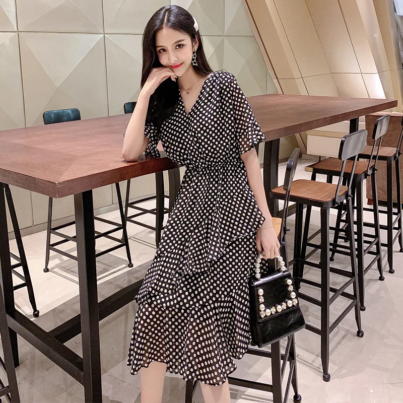 Лето Осень женское шифон платье Элегантный принт точка эластичный с коротким