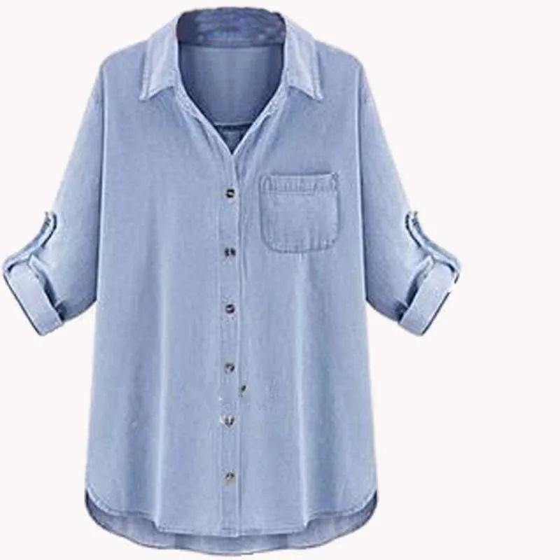 Женские джинсовые блузки размера плюс, XXXXXL, 5XL-XL, женские блузки, джинсы в уличном стиле, джинсовая рубашка с карманами, Женская сорочка T64202R - Цвет: Light Blue