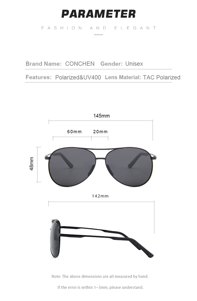 CONCHEN Pilot Polarized Sunglasses Men Women Metal Frame Spring Hinge Driving Sun Glasses Male Retro Sunglasses