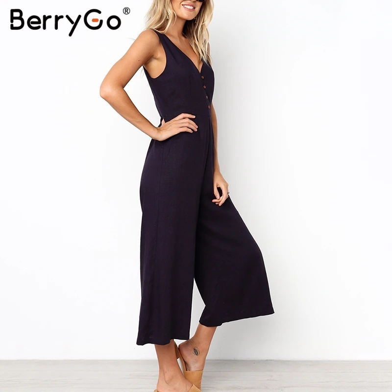BerryGo льняной комбинезон женские комбинезоны сплошной v-образный вырез пуговицы