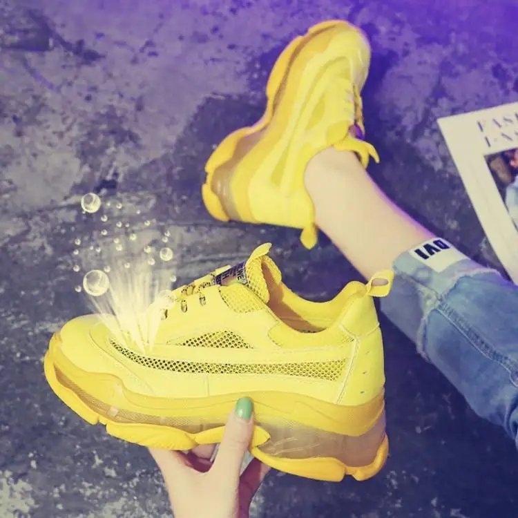 Светло-желтые зеленые кроссовки для женщин Лоскутная сетка кожа теннис Chaussures Femme