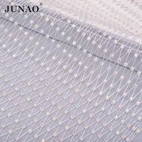 junao 1 meter white ab glass rhinestone fabric trim stretch diamond mesh crystal ribbon strass applique for clothes