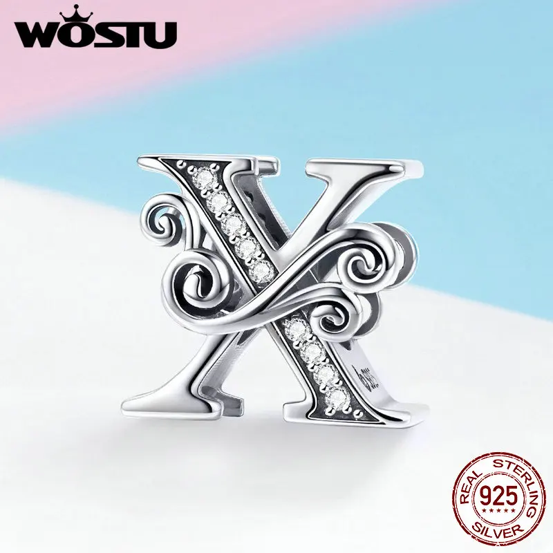 Letter X WOSTU 925 пробы серебряные буквы A-Z CZ камень бисер Подходит для женщин браслет ожерелье Мода Бижутерия подарок BNC030 - Цвет: Letter X