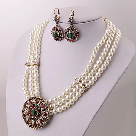 Vintage Round Big Nigeria Necklaces Female Bib Jewellery Sets for Women Wedding Pearl Necklace And Earring Set Parure Jewelry | Украшения и