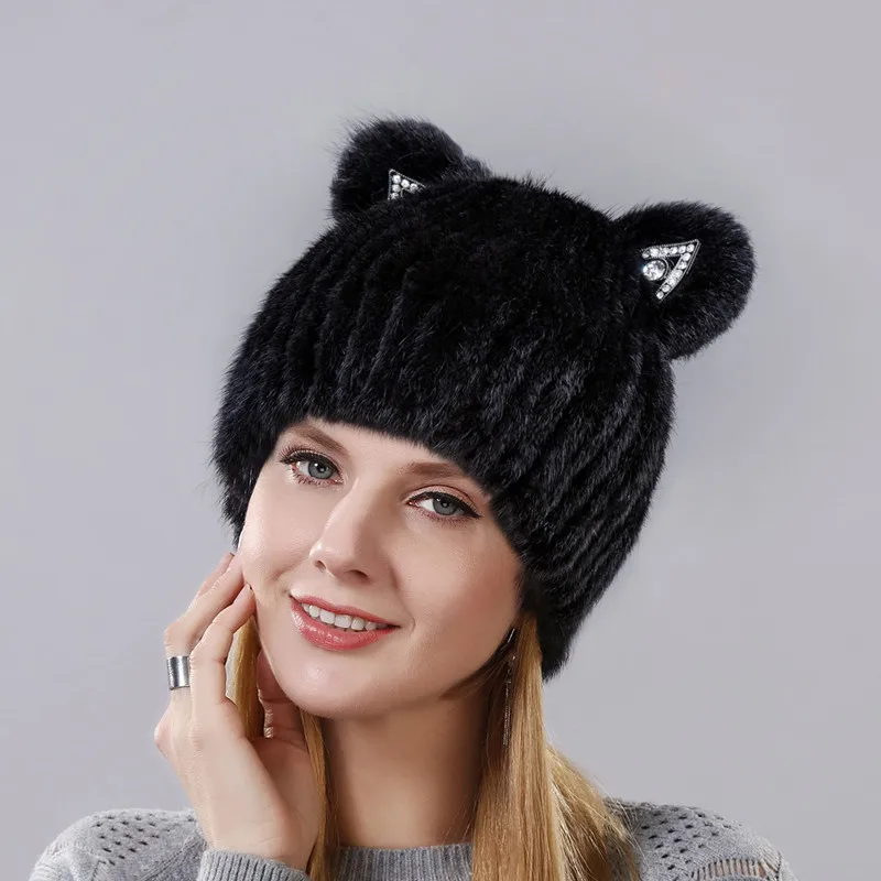 Fashion Winter New Style Mink Cat Ear With Sequins Warm Winter Cap For Women Real Natural Mink Fur Vertical Weaving Winter Hat