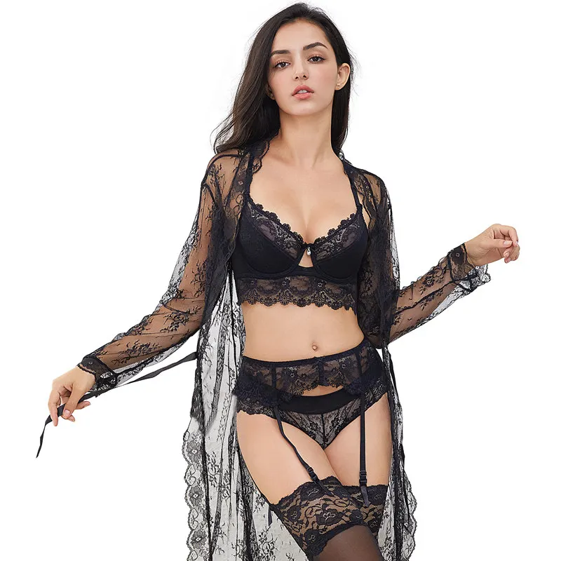 Varsbaby Sexy Lace Underwear Set Robe+Bra+ Panties+ Stockings +Y-line Straps +Thong 7 Piece For Lady