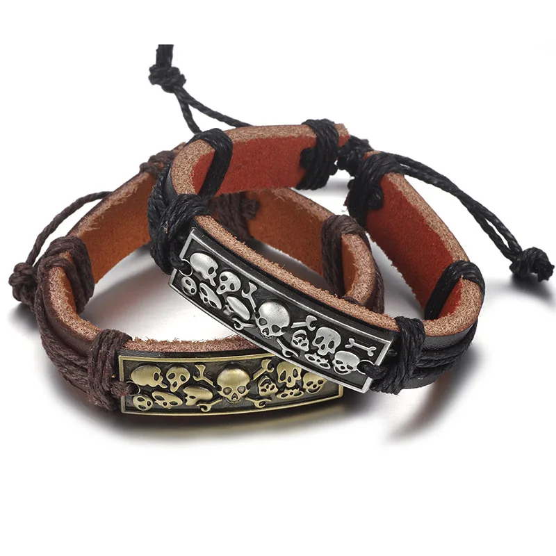 SPINNER 2017 Новый Панк Череп оригинальные винтажные кожаные браслеты Веревка Браслет