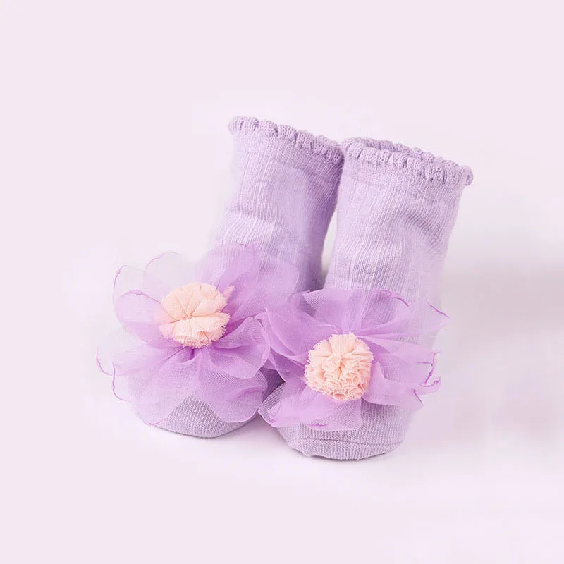 purple Сезон весна-лето; носки для новорожденных; милые кружевные носки с цветочным узором для маленьких девочек; нескользящие носки для малышей с резиновой подошвой - Цвет: purple